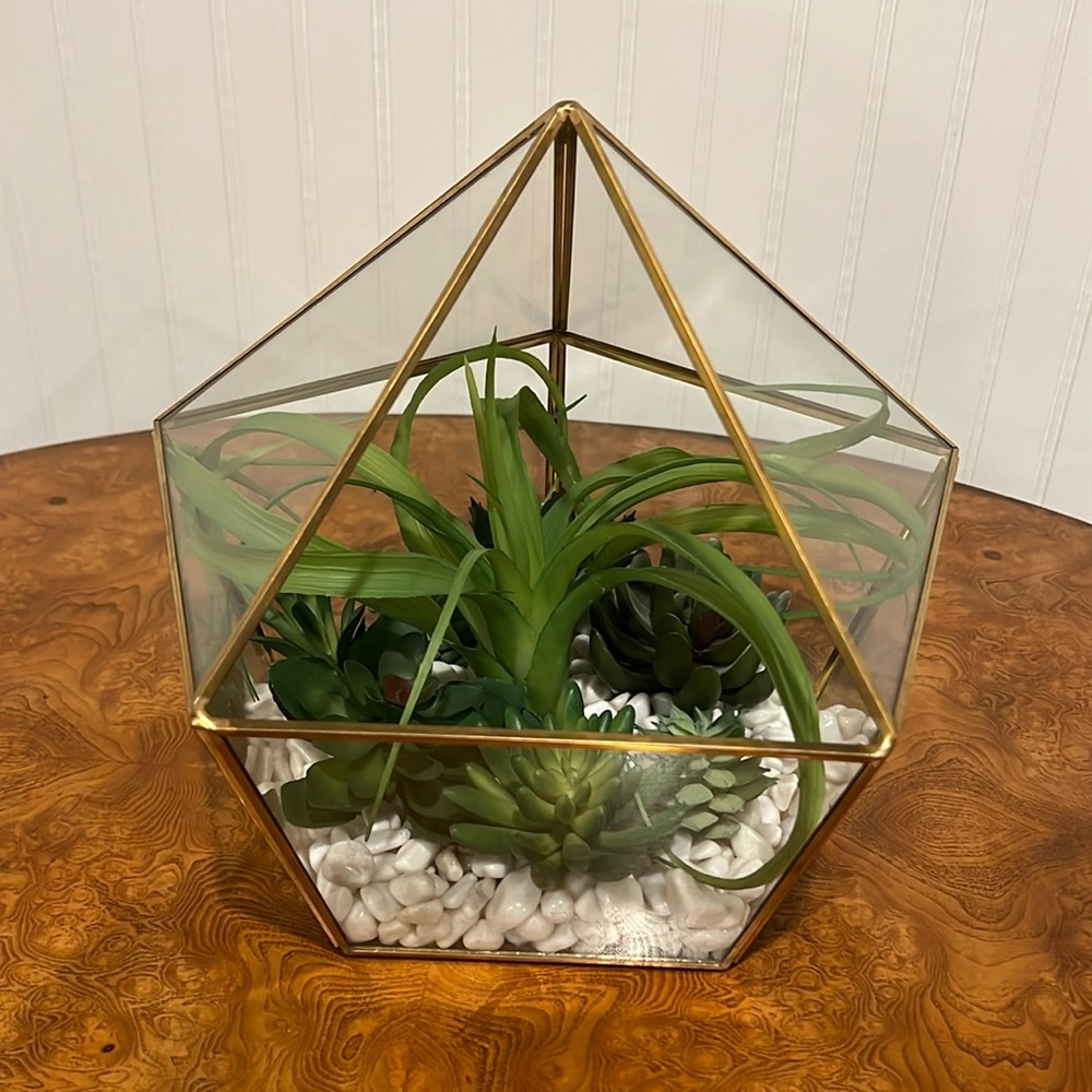 Pentagon Glass Terrarium with Faux Succulents